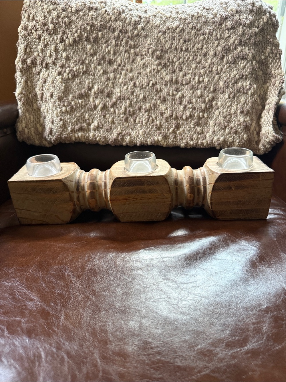 Wooden Triple Tealight Holder - Natural Brown